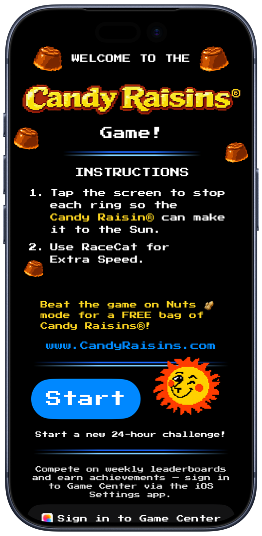 Candy Raisins Game title screen on iPhone